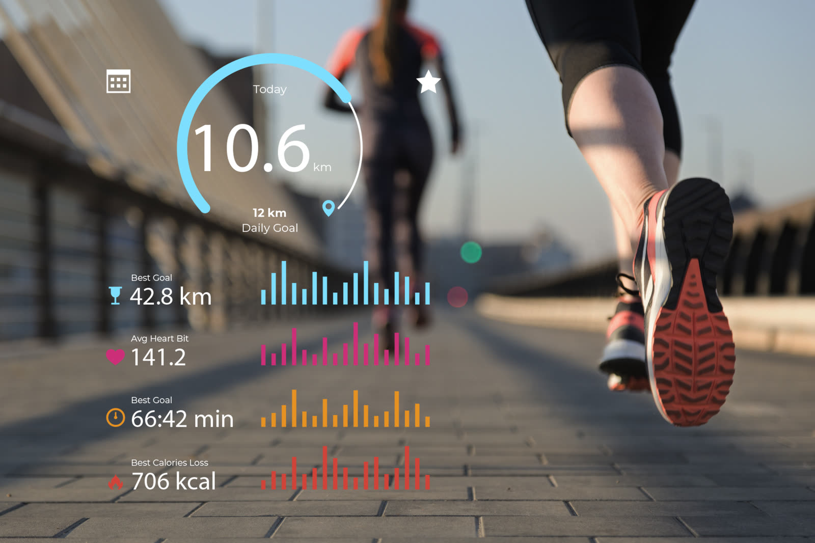 Two women running outdoors with fitness statistics overlaid